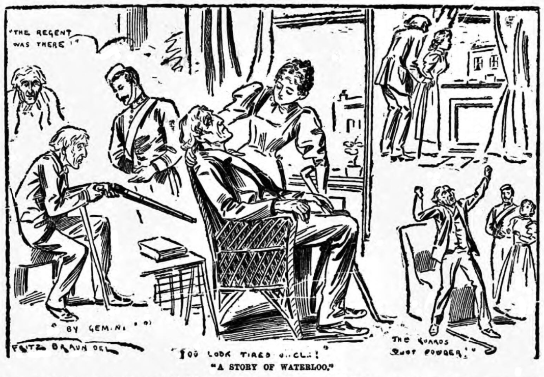 "A Story of Waterloo" with Mr. Irving as Corporal Gregory Brewster (center) (Illustration by Fritz Braundel in the South London Press, 18 september 1897).