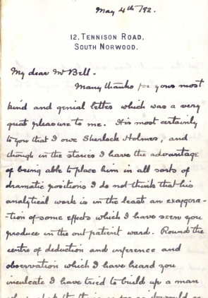 Letter to Mr Bell about Sherlock Holmes (4 may 1892)