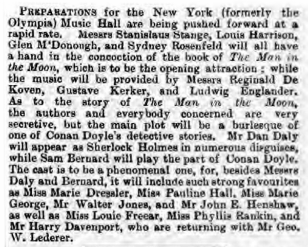Announcement with Dan Daly as Sherlock Holmes in The Era (18 march 1899, p. 19)