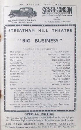 Streatham Hill Theatre (programme, cast)