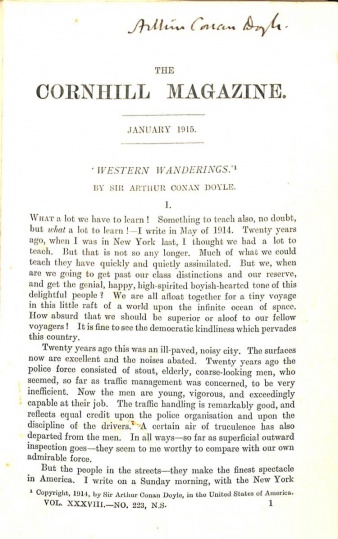 Arthur Conan Doyle Dedicace of his article Western Wanderings in The Cornhill Magazine (january 1915)