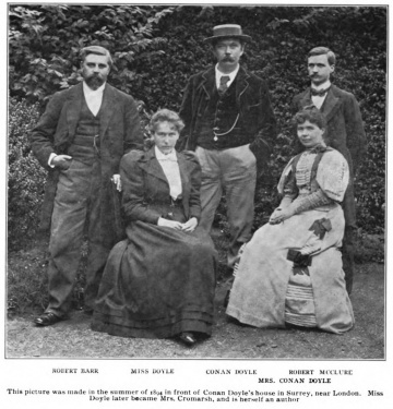 From left to right : Robert Barr, Miss Doyle, Arthur Conan Doyle, Mrs. Conan Doyle, Robert McClure.