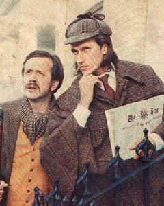 Julian Harries (right) as Sherlock Holmes in the play Sherlock Holmes and the Mystery of the Missing Carol (1990-1991)