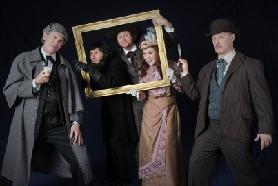 Sherlock Holmes (Jerry Lloyd), Mr. Barrymore (Marc Geller), Sir Henry Baskerville (Toby Tropper), Beryl Stapleton (Mia Mekjian) and Dr. Watson (Daniel Harray)