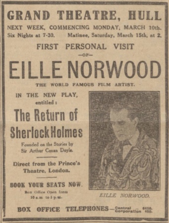Ad for The Return of Sherlock Holmes (The Daily Mail (Hull), 8 march 1924, p. 3)