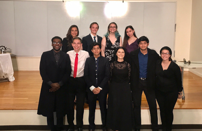 From left to right: Alli Torf (Moriarty), Liam Dwyer (Director), Avalon Ruby (Assistant Director), Nora Nofal (Lillie Langtry), Kenneth Bivens (Oscar Wilde), Zack Gold (Sherlock Holmes), Rishi Choudhary (Dr. Watson), Jessica Świder (Mrs. Tory/Kitty/Mrs. McGlynn), Mihir Sabnis (Abdul Karim/John Smith) and Rachael Bell (Stage Crew).