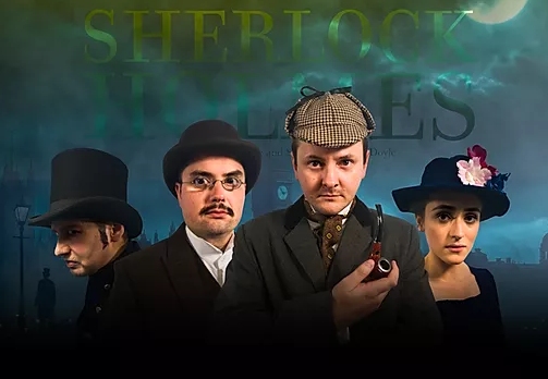 Professor Moriarty (Stefan Pejic), Dr. Watson (Matthew Bool), Sherlock Holmes (Brendan Purcell) and Alice Faulkner (Ffion King)