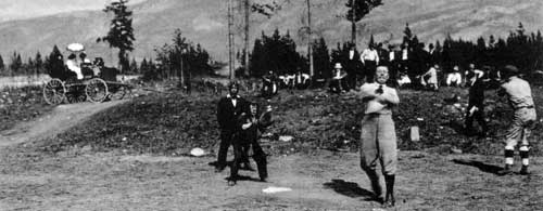 Arthur Conan Doyle playing baseball on a visit to Jasper National Park (june 1914).