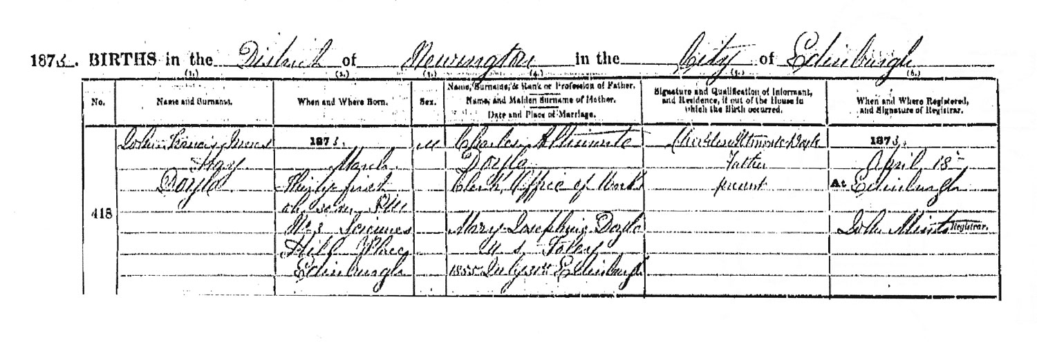 Birth certificate of John Francis Innes Hay Doyle. District of Newington, City of Edinburgh, 31 march 1873, #418.