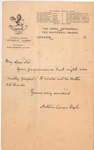 Letter to H. A. Saintsbury about his performance on stage as Sherlock Holmes (ca. 1910)