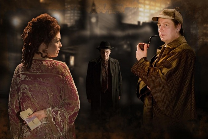 Lillie Langtry (Jill Anderson), Professor Moriarty (Eugene Wolf) and Sherlock Holmes (Nicholas Piper)