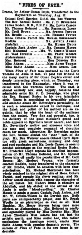 Review and cast (The Era, 14 august 1909, p. 19)