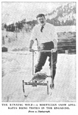 "The running wolf - a norwegian snow apparatus being tested in the Engadine." (Some Recollections of Sport)