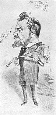 Caricature of Lyn Harding as Dr. Grimesby Rylott.