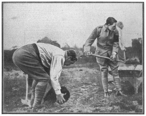 Sir Arthur Conan Doyle lifting a piece of turf whilst working with the Crowborough Volunteer Training Corps (april 1915).