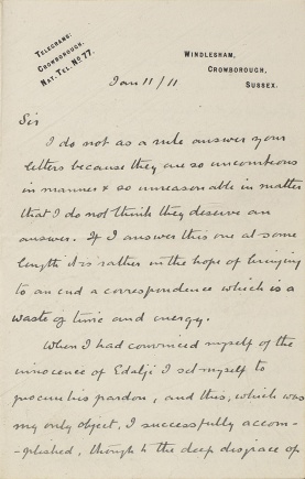 Letter to uncourteous man about Edalji (11 january 1911)