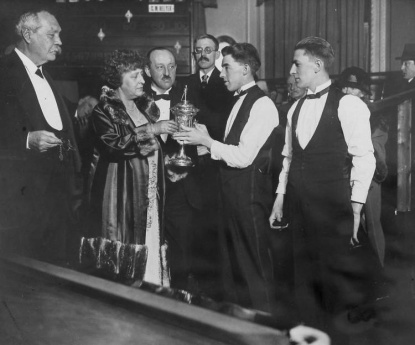Arthur Conan Doyle and his wife Jean at the English Amateur Billiards Championship with J. Earlam (Runcorn), Winner and C. M. Heyler (Middlesbrough), Runner up (1926).