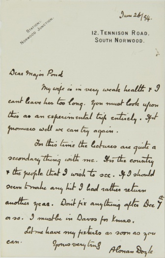 Letter to Major Pond about a lecture tour in America (26 june 1894)