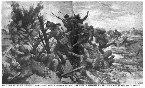 The storming of the trenches round Loos: British soldiers rushing the German poitions on the first day of the great battle.
