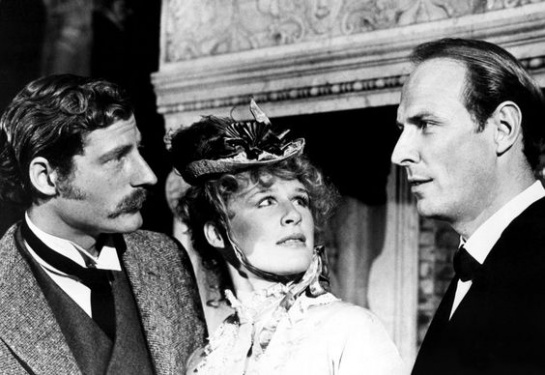 Dr. Watson (Timothy Landfield), Irene St. Claire (Glenn Close) and Sherlock Holmes (Paxton Whitehead)