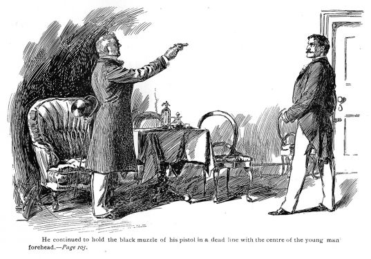 He continued to hold the black muzzle of his pistol in a dead line with the center of the young man forehead.