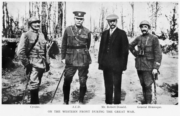 Arthur Conan Doyle in the Argonne. From left to right: Colonel Cyrano, Arthur Conan Doyle, Mr. Robert Donald and General Hennoque.