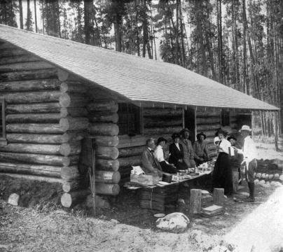 Arthur Conan Doyle in Jasper Park at luncheon in one of the shelter house.