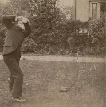 Arthur Conan Doyle playing golf (probably in Switzerland). The photo was attached in a letter written by Conan Doyle (1895).