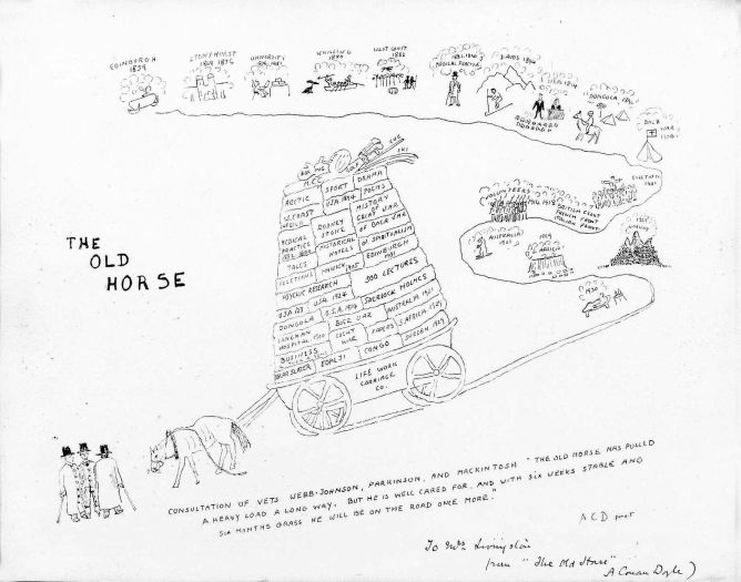 To Mrs. Livingstone, from "The Old Horse" , Arthur Conan Doyle Dedicace on printed poster of Conan Doyle drawing, see The Old Horse (1930).