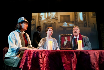 Dorothea Ernst (Deborah Frances-White), Bess Houdini (Milly Thomas) and Conan Doyle (Phill Jupitus)