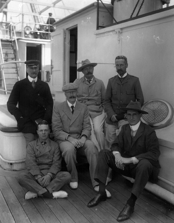 Arthur Conan Doyle returned to UK on board the SS Briton where he met Bertram Fletcher Robinson (sitting center) and Archie Langman.