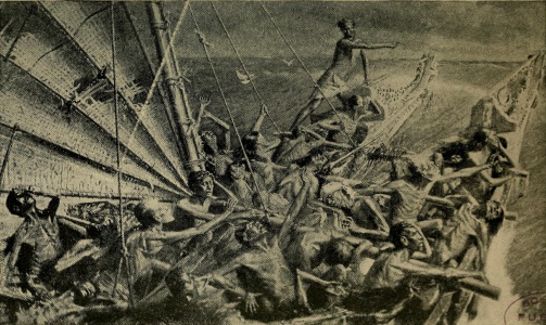 The People of Turi's Canoe, after a Voyage of Great Hardship, at last Sight the Shores of New Zealand. From a Painting by C. F. Goldie and L. G. A. Steele (p. 208)