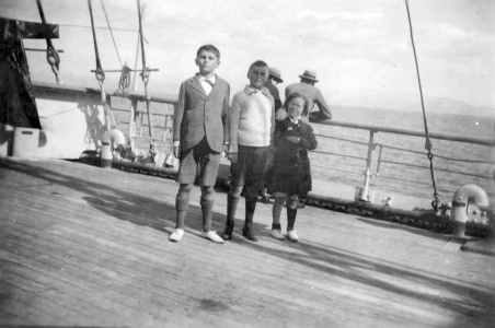 Adrian (center) onboard the S.S. Naldera (1920).