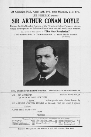 Arthur Conan Doyle gave a lecture about The New Revelation in Carnegie Hall, NY (12, 18 and 21 april 1922).