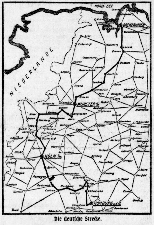 Detailed route in Germany (Berliner Tageblatt, 3 july 1911, p. 13)
