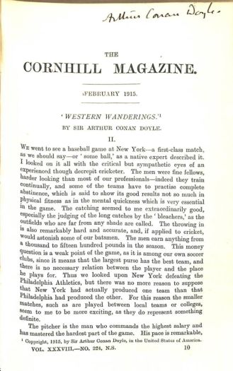 Arthur Conan Doyle Dedicace of his article Western Wanderings (The Cornhill Magazine, february 1915).