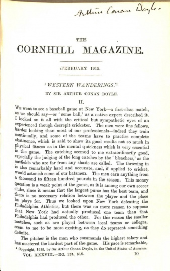 Arthur Conan Doyle Dedicace of his article Western Wanderings in The Cornhill Magazine (february 1915)