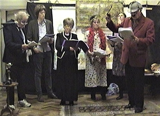 From left to right: Farnsbarns, Willy, Rev. Godbotherer, Lady Ermintrude Ramsbottom, Molly Miggins, Sherlock Holmes.