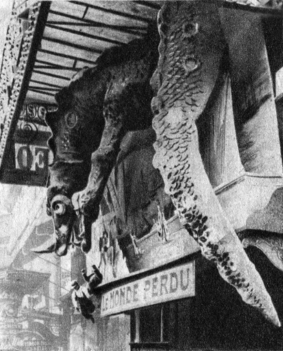 French Theatre (Caméo, 62 Bd des Italiens, Paris) customized with dinosaur decorations on the facade (june-september 1925).