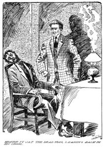 Beside it sat the dead man, leaning back in his chair.