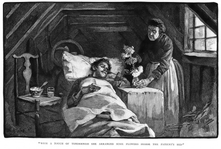"With a touch of tenderness she arranged some flowers beside the patient's bed."