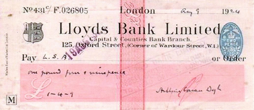 Cheque by Arthur Conan Doyle to the London Spiritualist Alliance (L.S.A.) (9 august 1924)