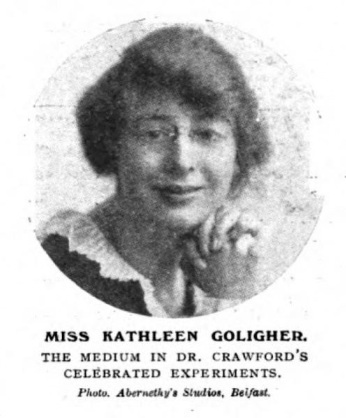Miss Kathleen Goligher. The medium in Dr. Crawford's celebrated experiments. Photo. Abernethy's Studios, Belfast.