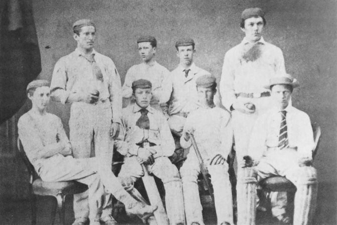Arthur Conan Doyle (standing up far right) with cricket team (ca. 1875).