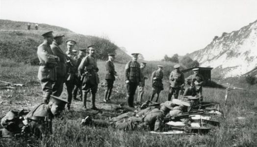 Arthur Conan Doyle (in civilian dress, standing up second from left) watching riflemen in Lewes (ca. 1914-1918).