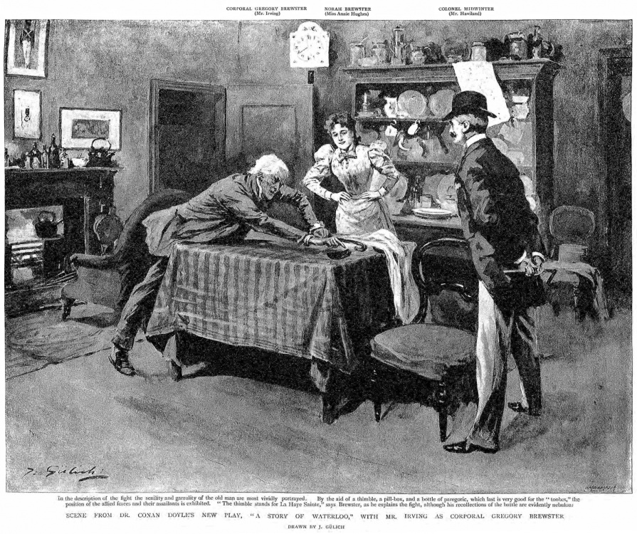Scene from Dr. Conan Doyle's new play, "A Story of Waterloo," with Mr. Irving as Corporal Gregory Brewster. (Illustration by John Percival Gülich in The Graphic, 29 september 1894).