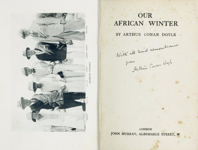 With all kind remembrance from Arthur Conan Doyle Dedicace in Our African Winter (John Murray, 1929)