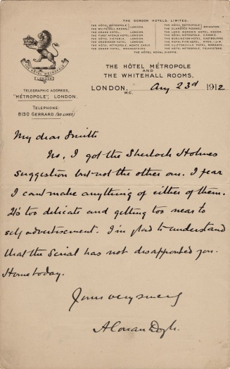Letter to Mr Smith about Sherlock Holmes (23 august 1912)