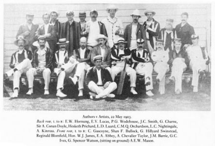 Arthur Conan Doyle (standing 6th from left) in the Authors cricket team (Authors vs Artists, 22 may 1903).