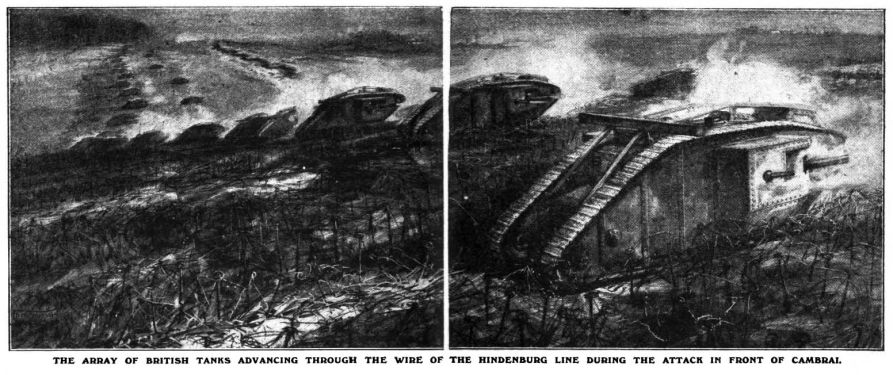 The array of British tanks advancing through the wire of the Hindenburg line during the attack in front of Cambrai.